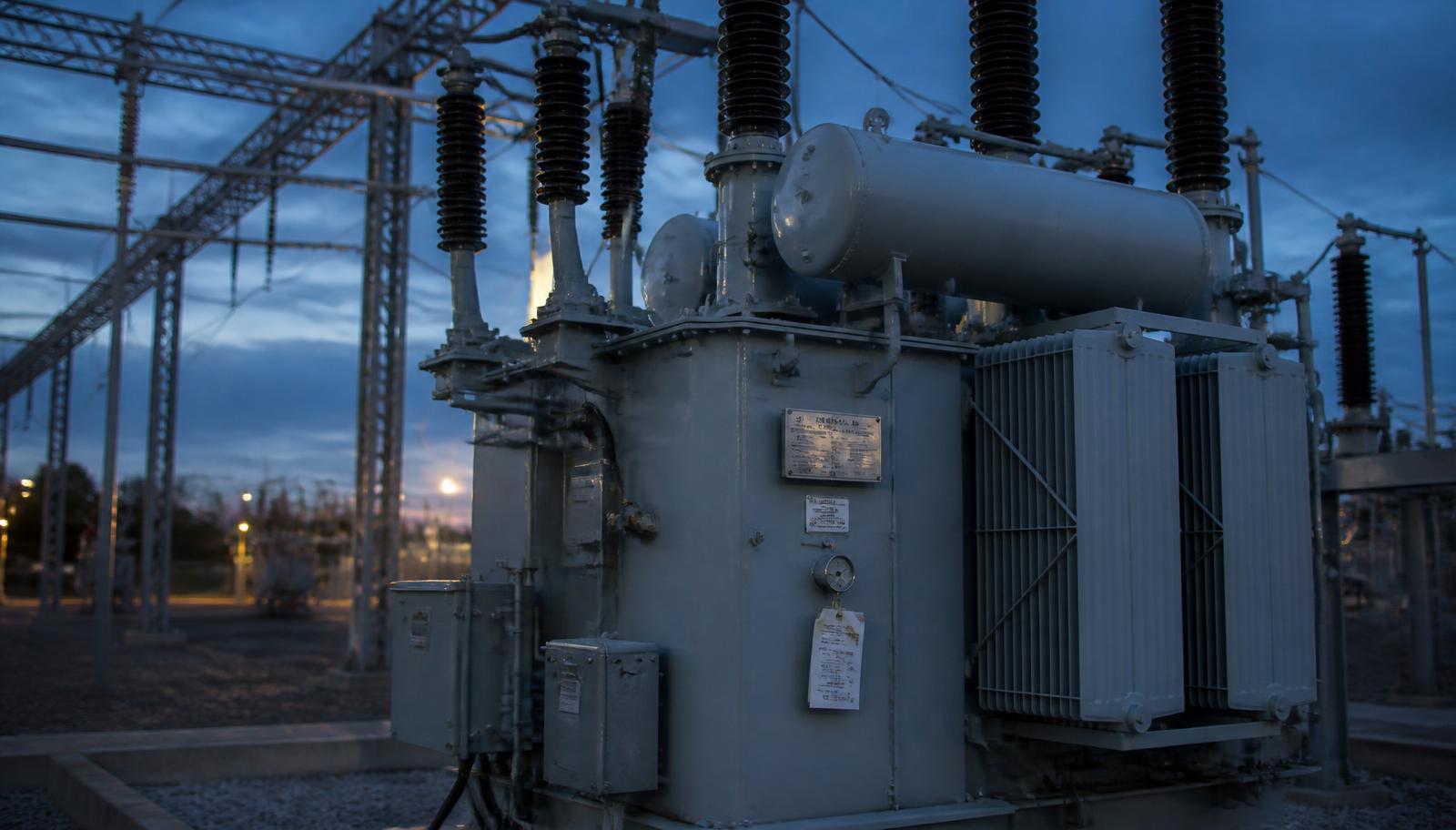 Large high-voltage power transformer in a utility substation at dusk with its nameplate and inspection tags visible
